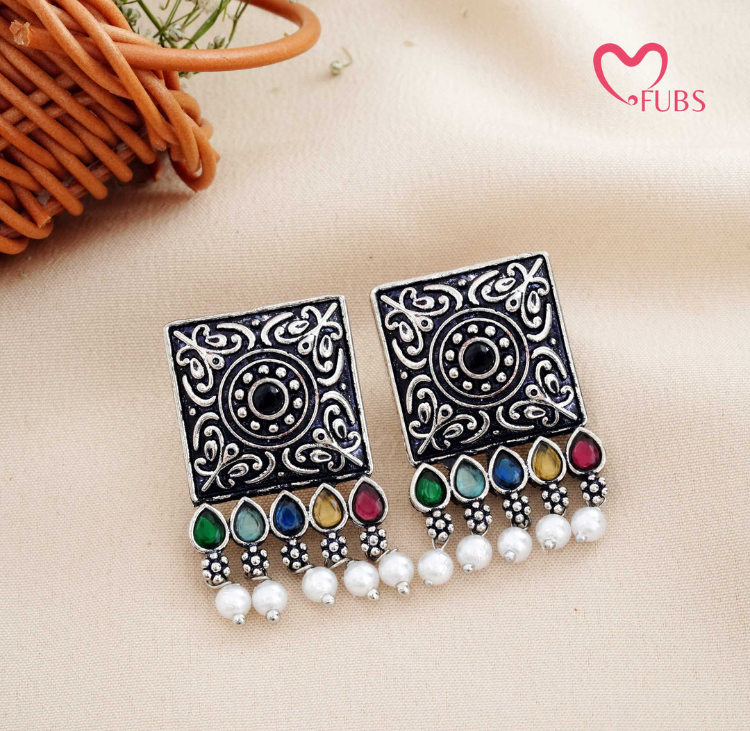 Aesthetic Oxidised Square Stud Earrings with Filigree
