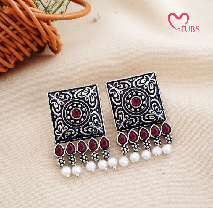 Aesthetic Oxidised Square Stud Earrings with Filigree