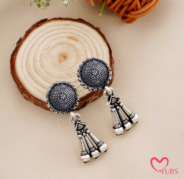 Traditional Oxidised Dome Stud Earrings with Tassel Drops