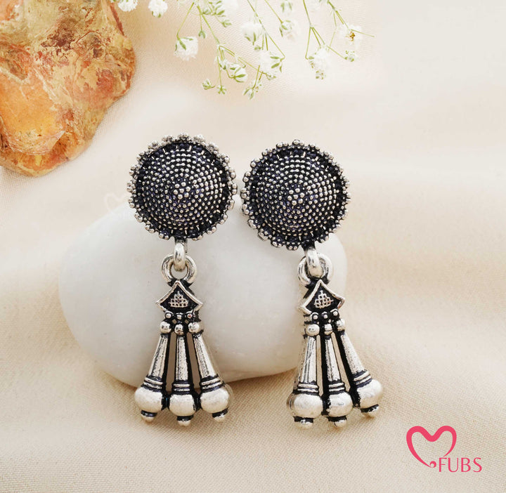Traditional Oxidised Dome Stud Earrings with Tassel Drops