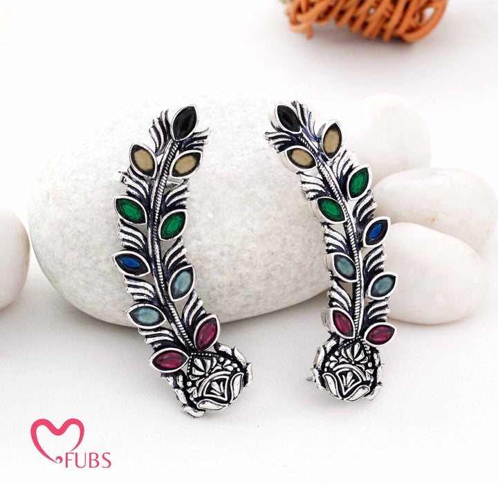 Oxidised Leaf Stone Ear Cuff Climber Pair