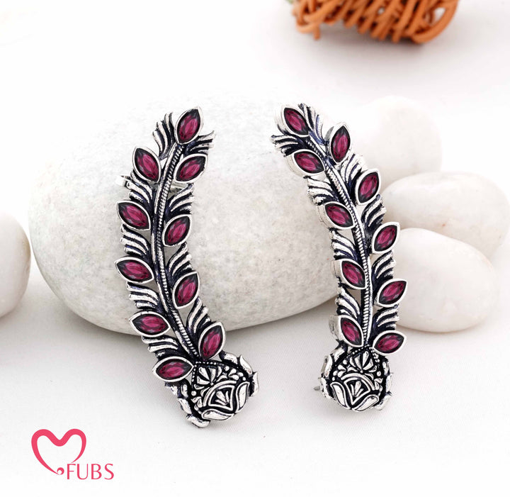 Oxidised Leaf Stone Ear Cuff Climber Pair