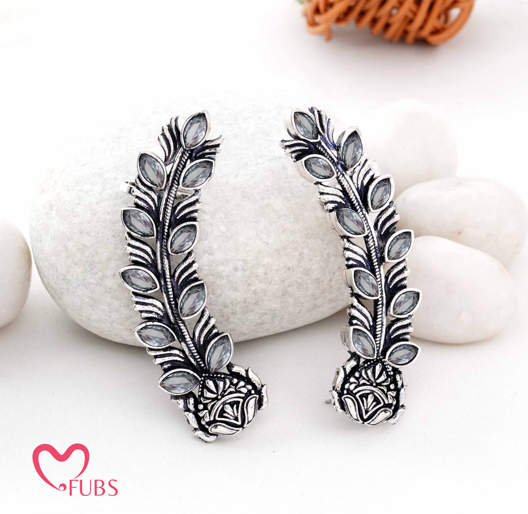 Oxidised Leaf Stone Ear Cuff Climber Pair