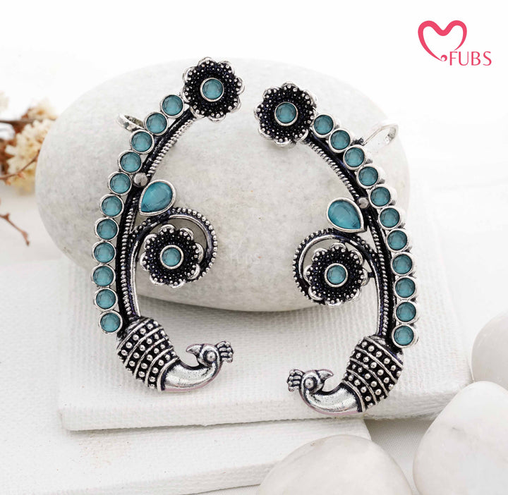 Traditional Peacock Ear Cuff with Oxidized Finish