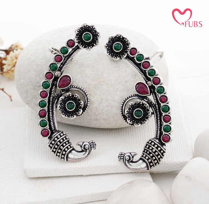 Traditional Peacock Ear Cuff with Oxidized Finish