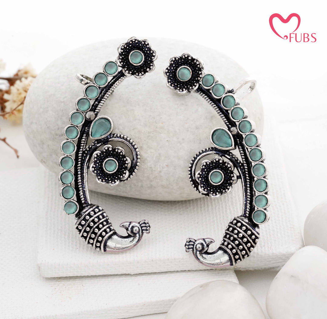 Traditional Peacock Ear Cuff with Oxidized Finish