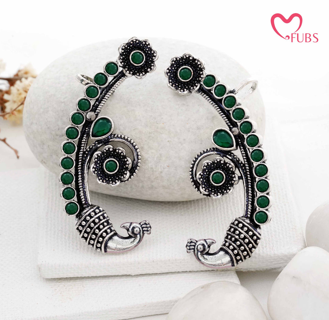 Traditional Peacock Ear Cuff with Oxidized Finish