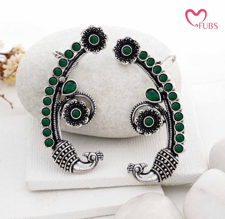 Traditional Peacock Ear Cuff with Oxidized Finish