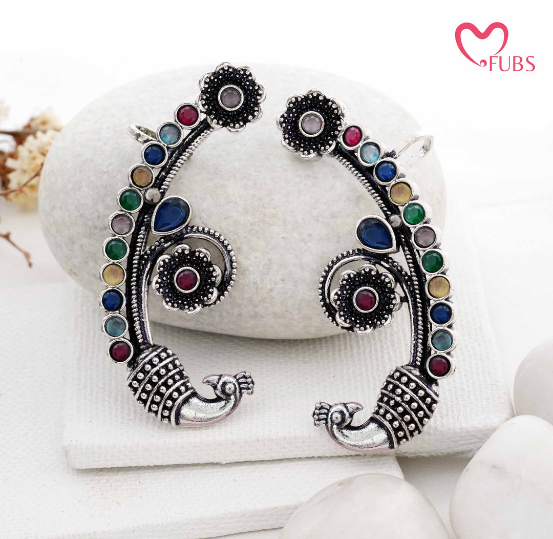 Traditional Peacock Ear Cuff with Oxidized Finish