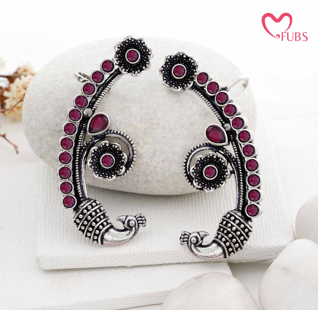 Traditional Peacock Ear Cuff with Oxidized Finish