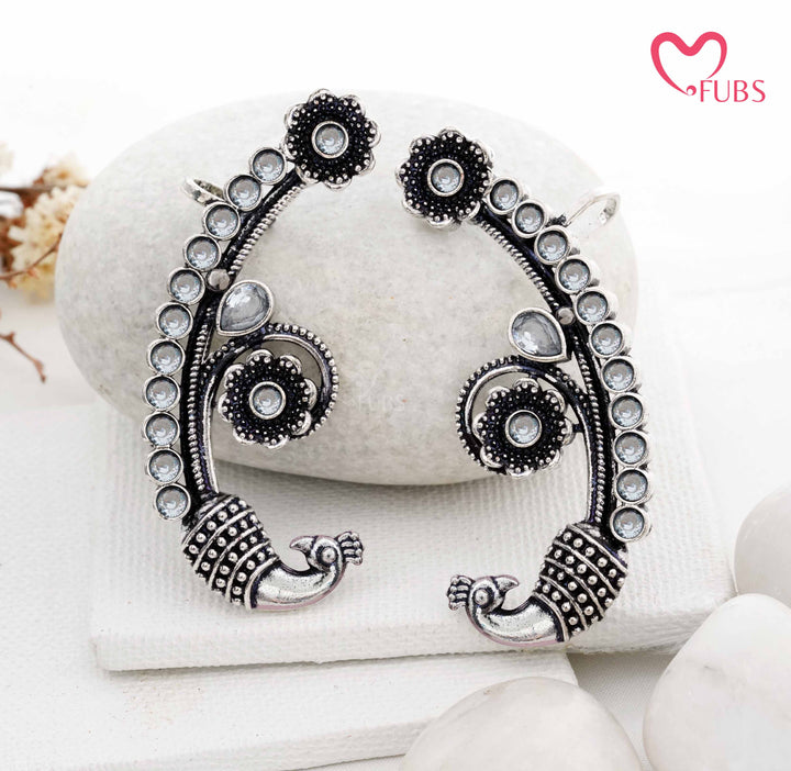 Traditional Peacock Ear Cuff with Oxidized Finish