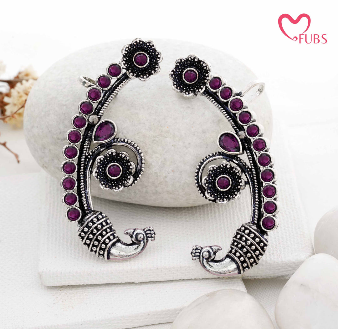 Traditional Peacock Ear Cuff with Oxidized Finish