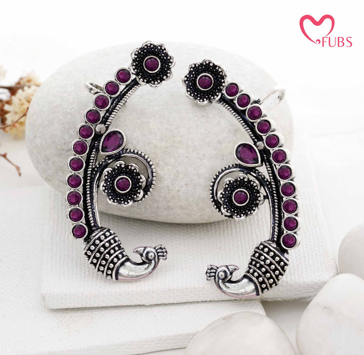 Traditional Peacock Ear Cuff with Oxidized Finish