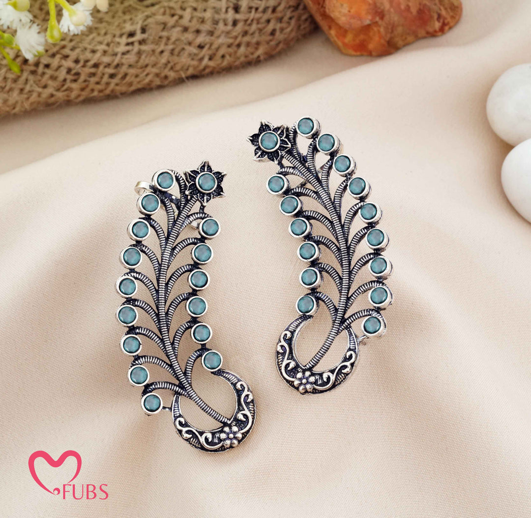 Traditional Oxidized Feather Ear Climber with Stones