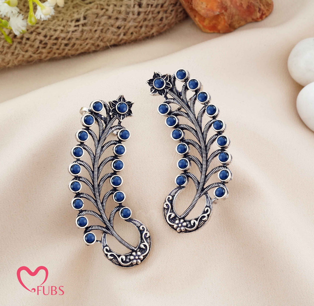 Traditional Oxidized Feather Ear Climber with Stones