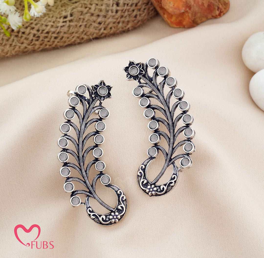 Traditional Oxidized Feather Ear Climber with Stones