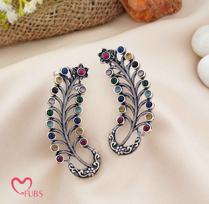 Traditional Oxidized Feather Ear Climber with Stones