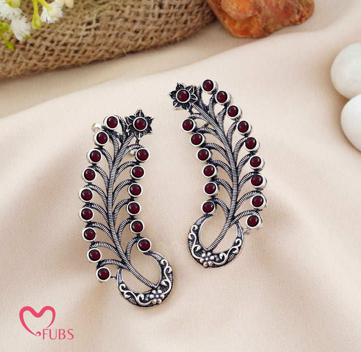 Traditional Oxidized Feather Ear Climber with Stones