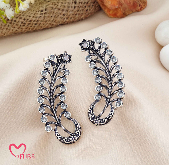Traditional Oxidized Feather Ear Climber with Stones