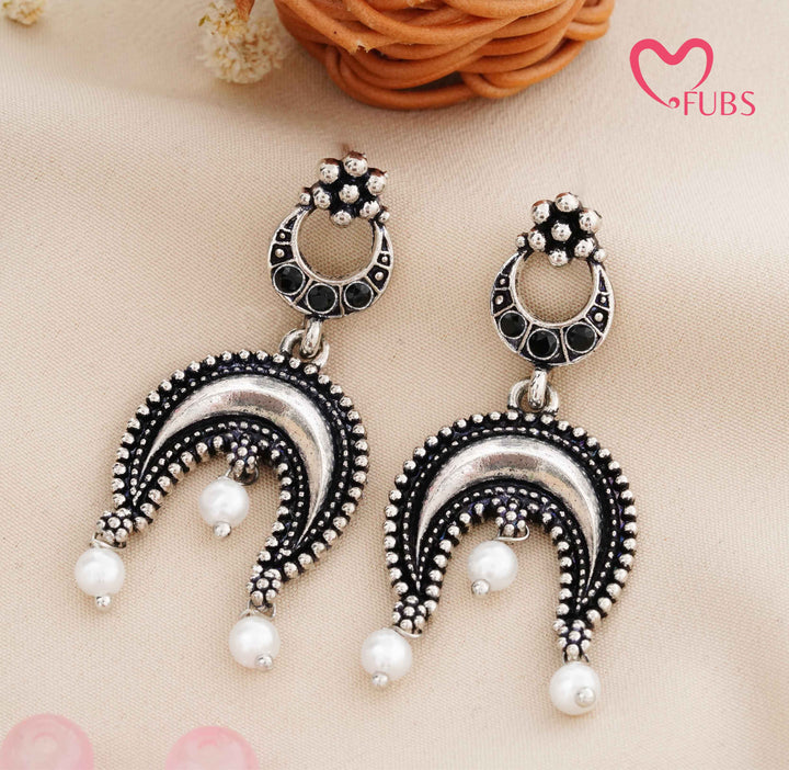 Traditional Oxidized Chandbali Earrings with Stone & Pearl Drop