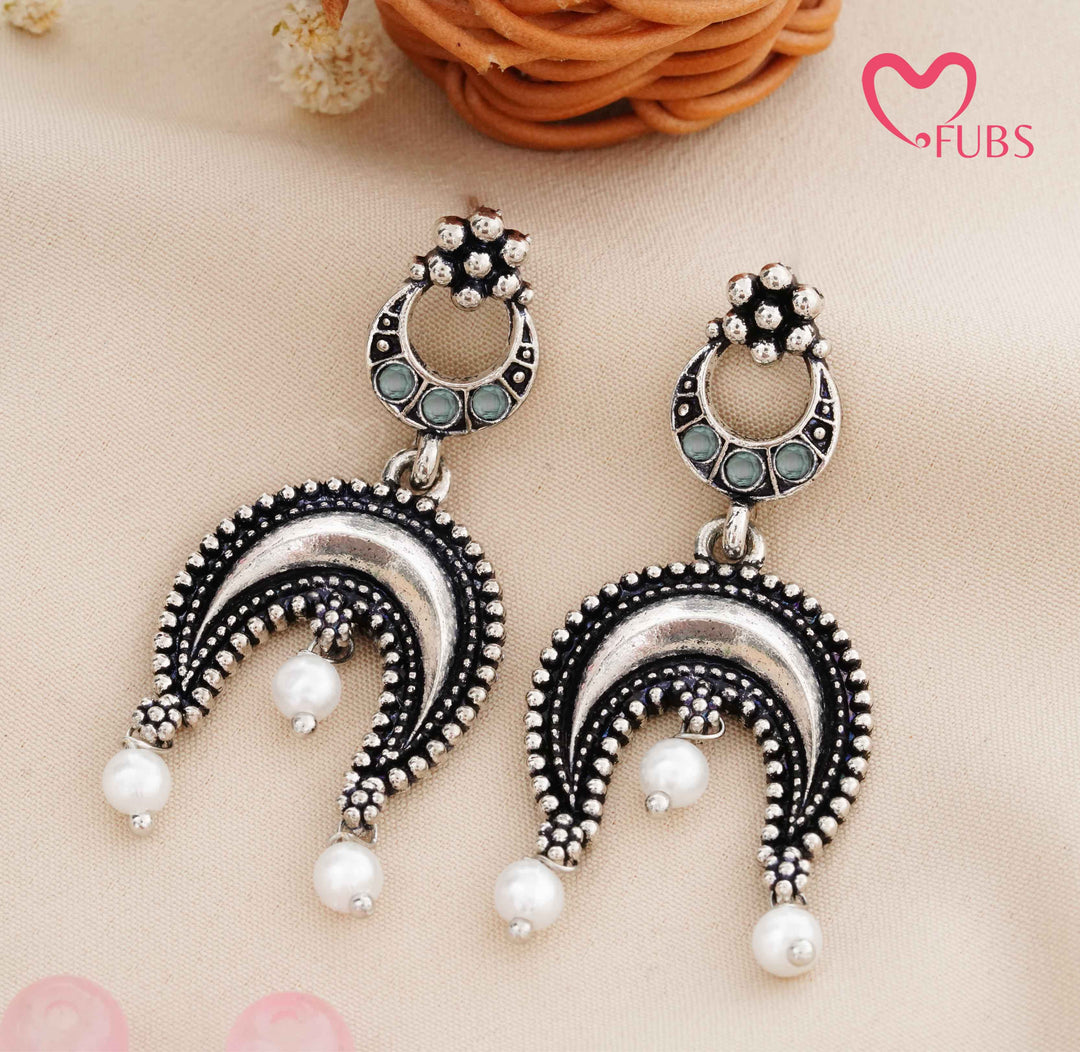 Traditional Oxidized Chandbali Earrings with Stone & Pearl Drop