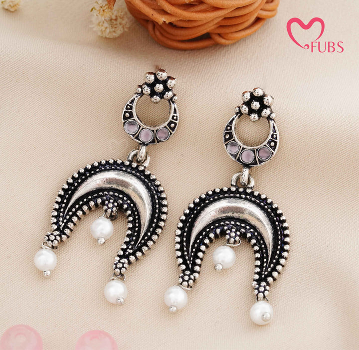 Traditional Oxidized Chandbali Earrings with Stone & Pearl Drop