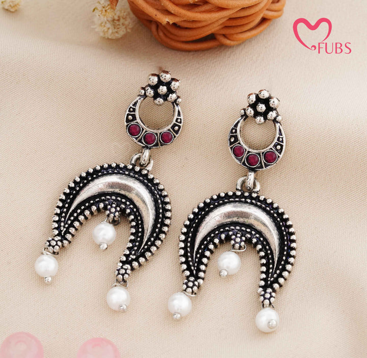 Traditional Oxidized Chandbali Earrings with Stone & Pearl Drop