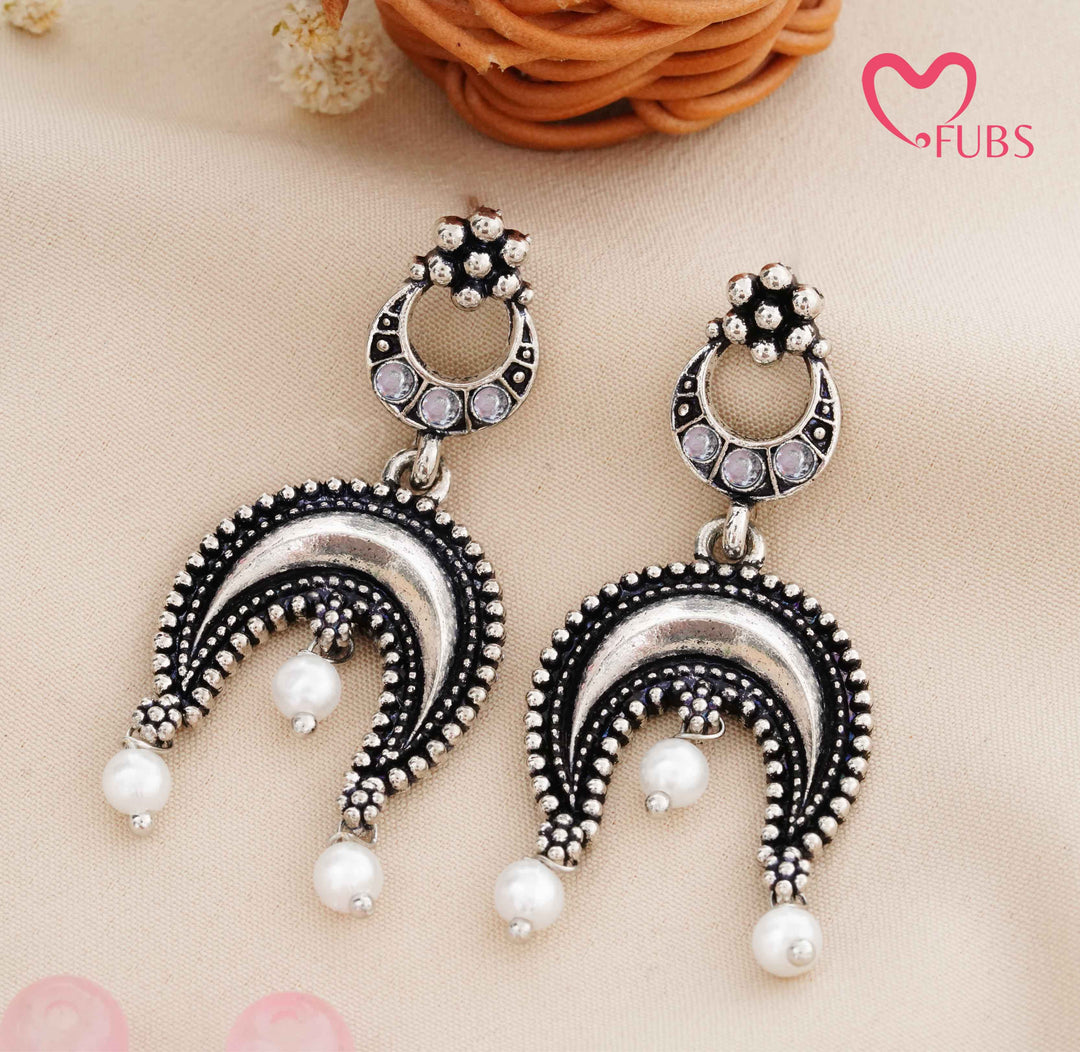 Traditional Oxidized Chandbali Earrings with Stone & Pearl Drop