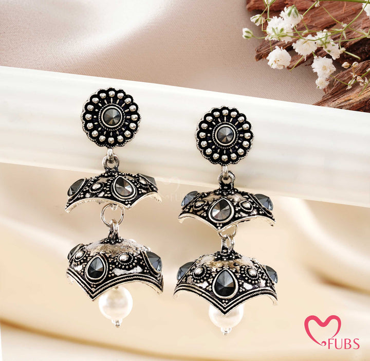 Traditional Oxidized Double Jhumka with Smoky Stones
