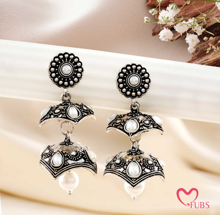 Traditional Oxidized Double Jhumka with Smoky Stones