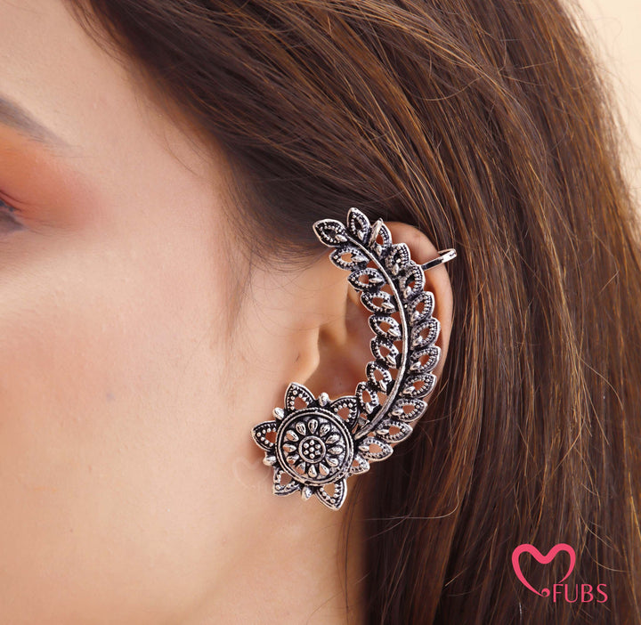 Traditional Oxidized Leaf Climber Ear Cuff with Floral Stud