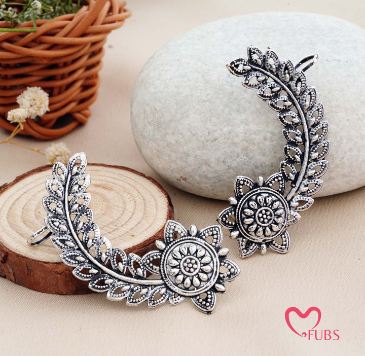 Traditional Oxidized Leaf Climber Ear Cuff with Floral Stud