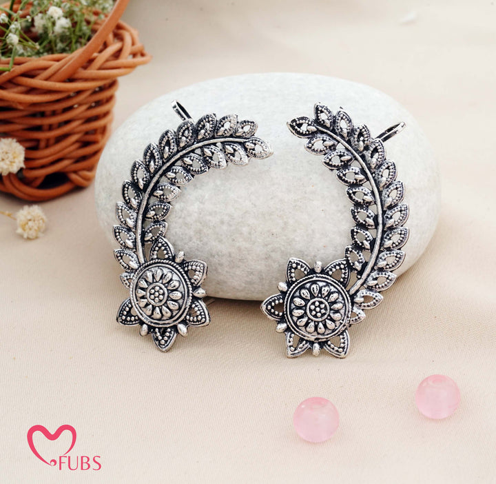 Traditional Oxidized Leaf Climber Ear Cuff with Floral Stud