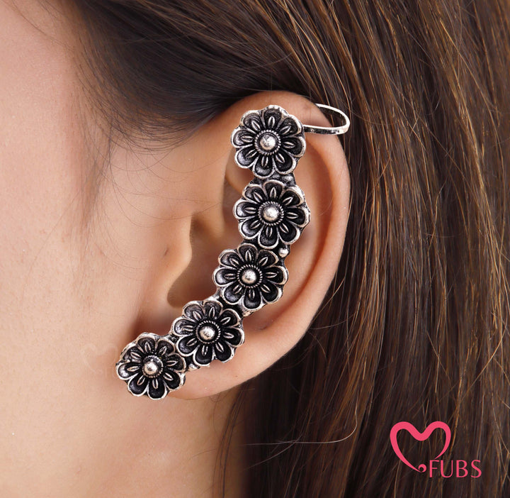 Traditional Oxidized Floral Chain Ear Climber Ear Cuff