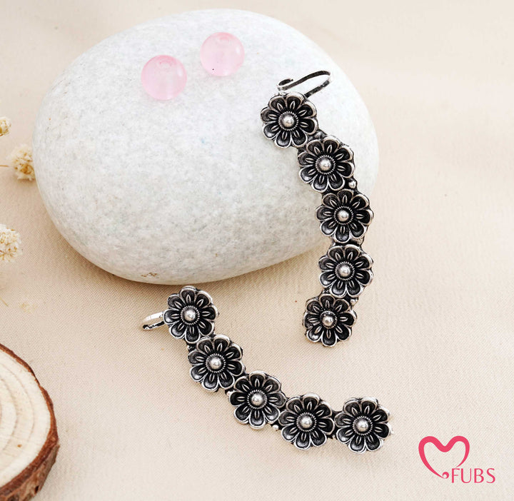Traditional Oxidized Floral Chain Ear Climber Ear Cuff