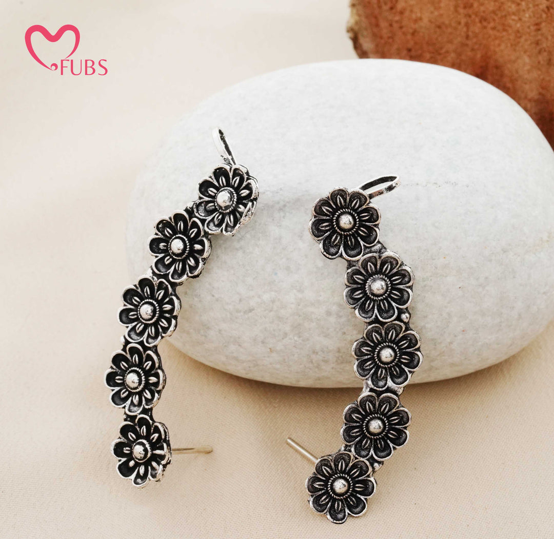 Traditional Oxidized Floral Chain Ear Climber Ear Cuff