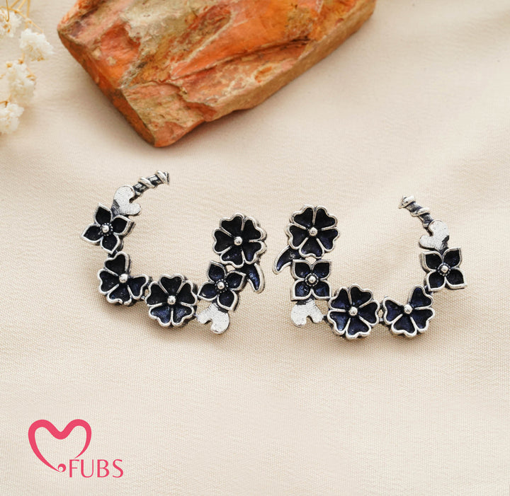 Traditional Oxidized Floral Crescent Stud Earrings
