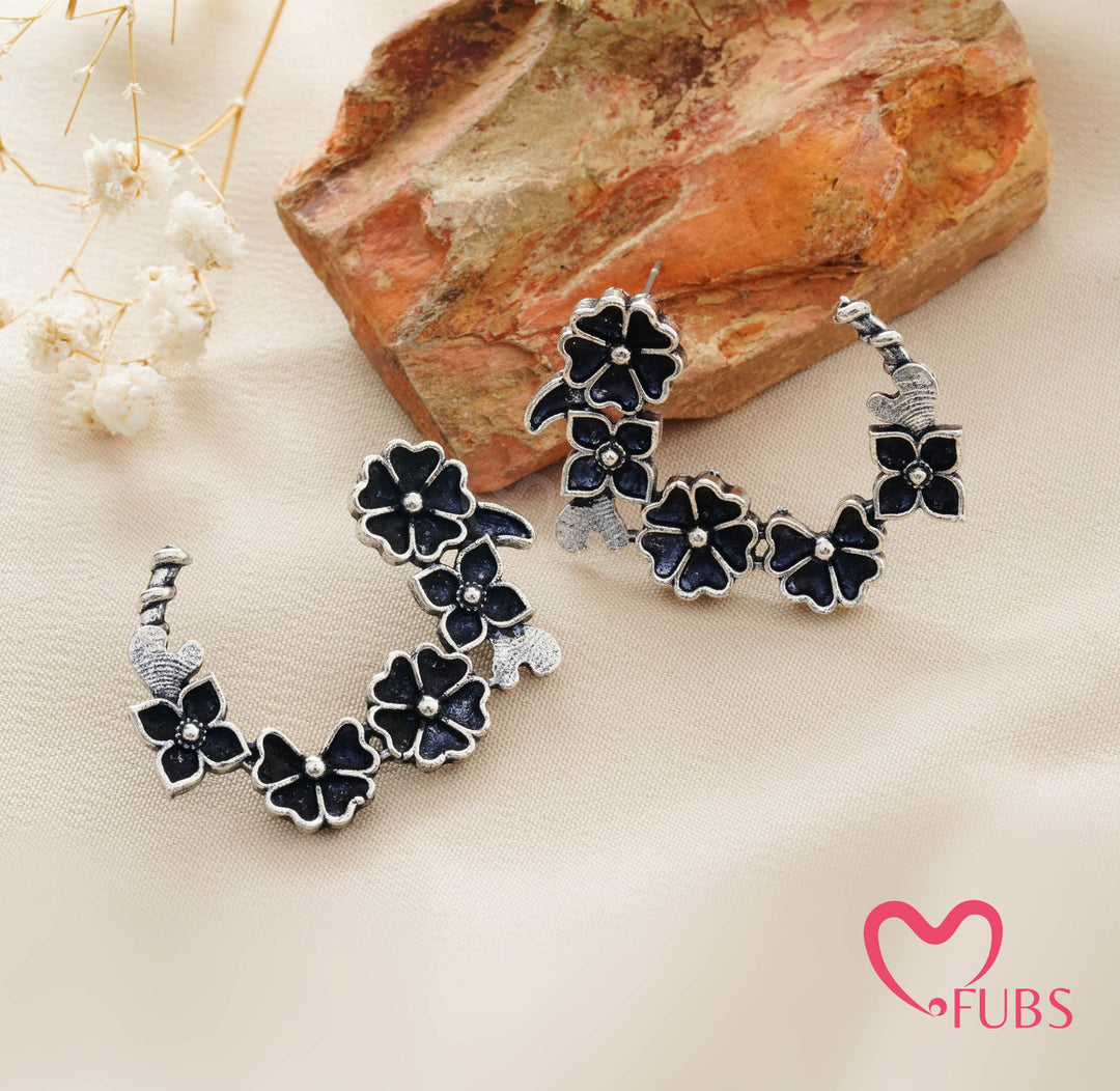 Traditional Oxidized Floral Crescent Stud Earrings