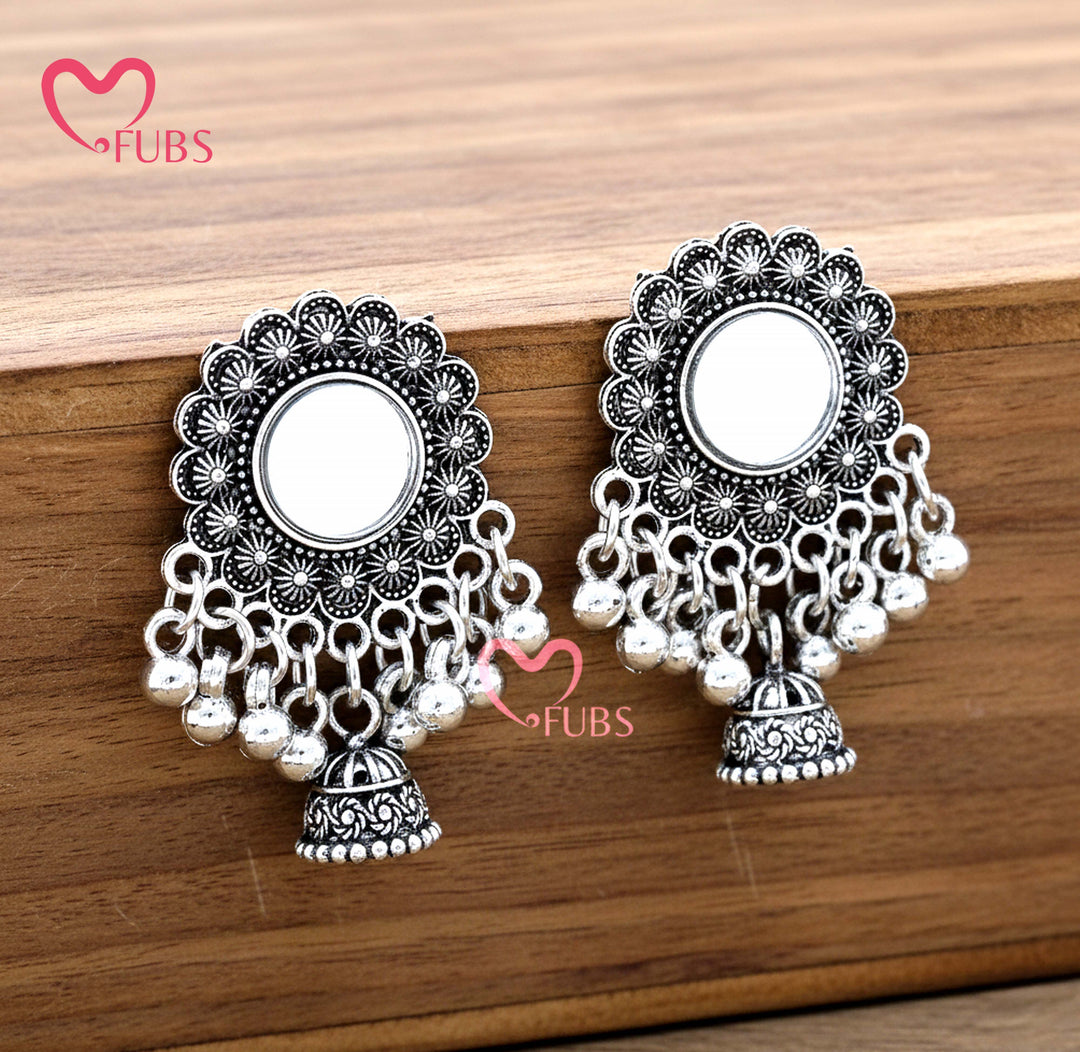 The Aina Mirror-Work Studs – Oxidized Floral Jhumkas