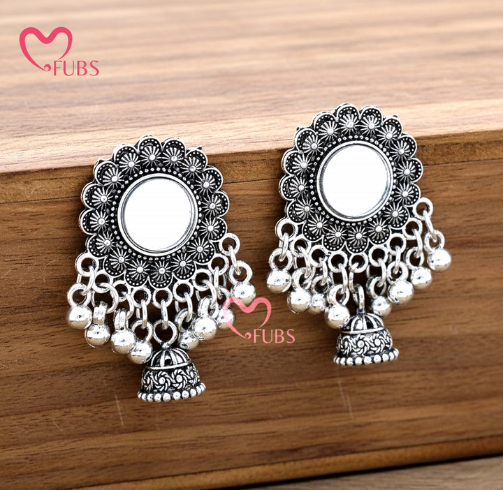 The Aina Mirror-Work Studs – Oxidized Floral Jhumkas