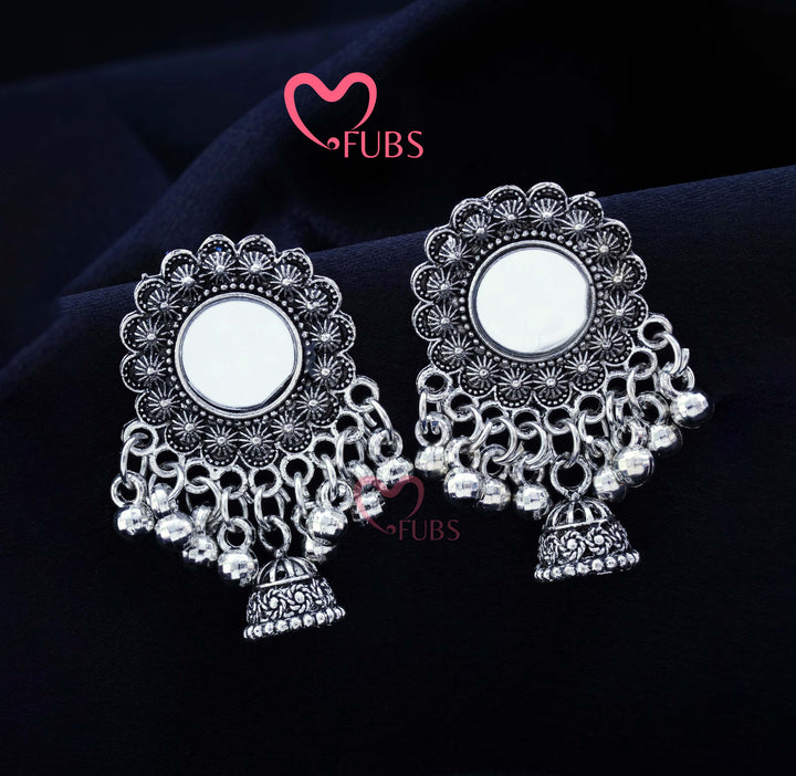 The Aina Mirror-Work Studs – Oxidized Floral Jhumkas