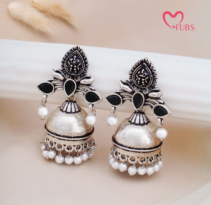 Traditional Oxidised Jhumka Earrings with Pearl Drops