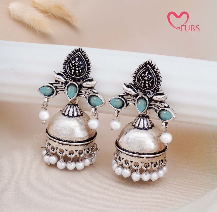 Traditional Oxidised Jhumka Earrings with Pearl Drops