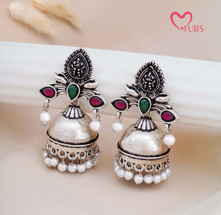 Traditional Oxidised Jhumka Earrings with Pearl Drops