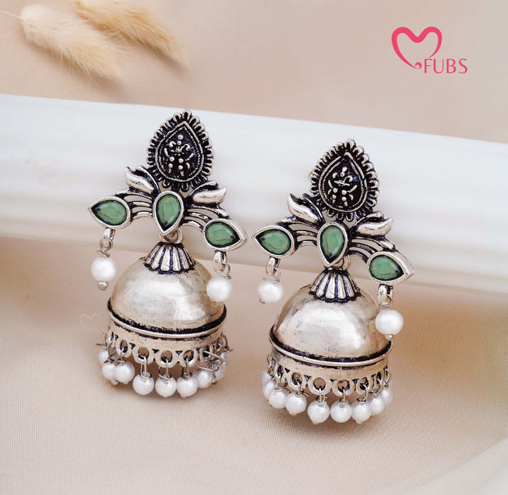 Traditional Oxidised Jhumka Earrings with Pearl Drops
