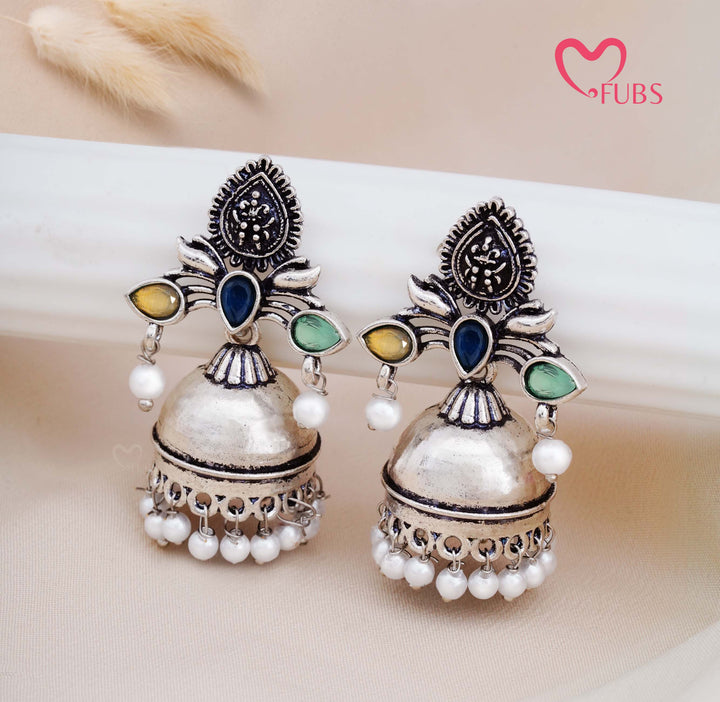 Traditional Oxidised Jhumka Earrings with Pearl Drops