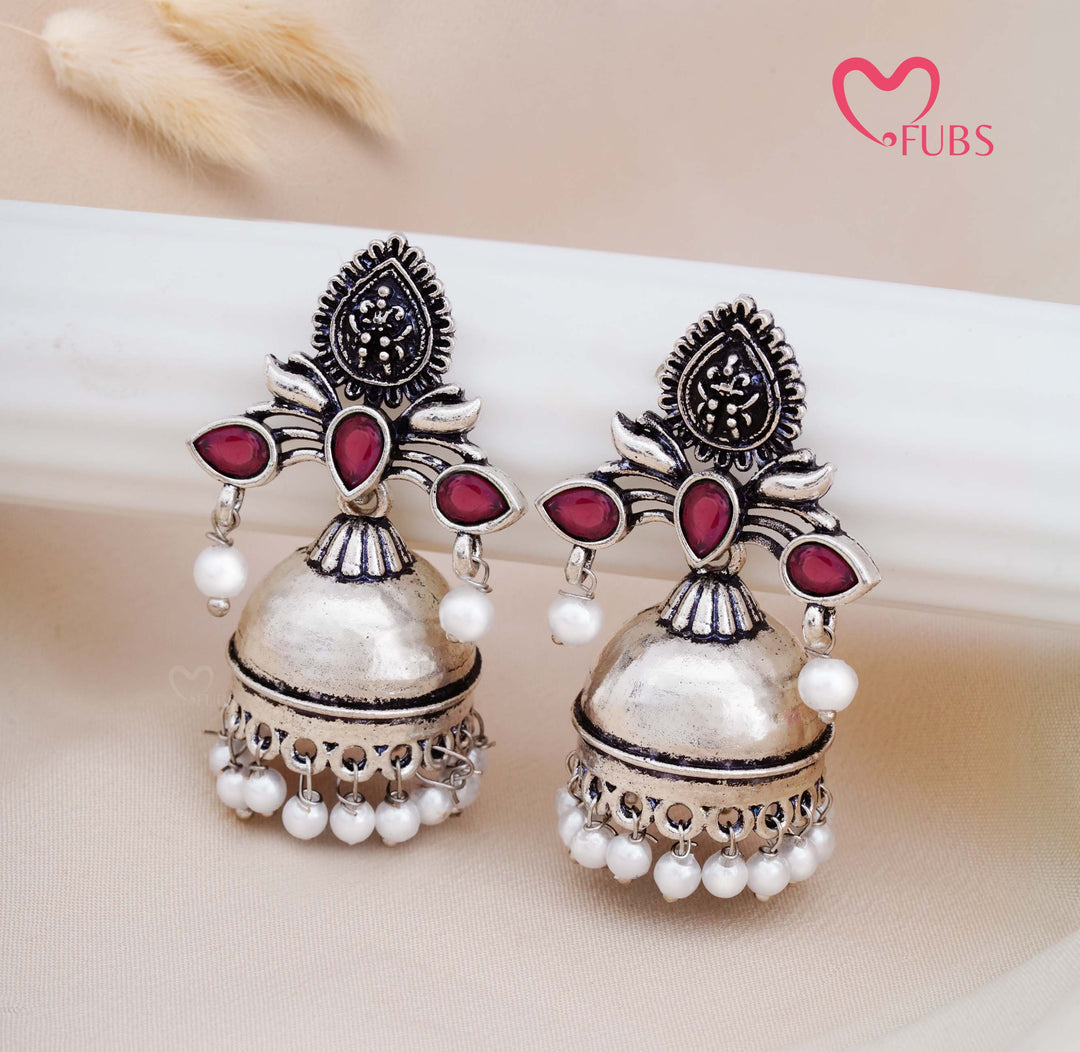 Traditional Oxidised Jhumka Earrings with Pearl Drops