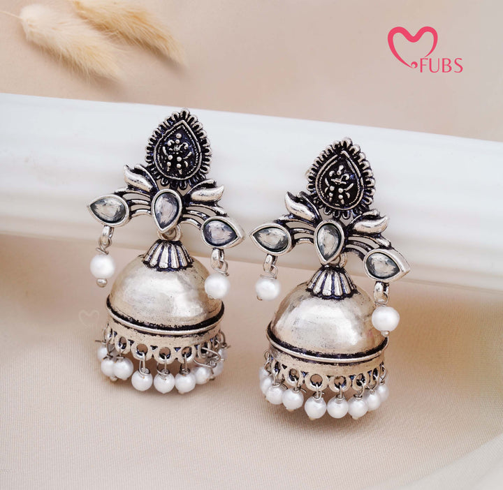 Traditional Oxidised Jhumka Earrings with Pearl Drops