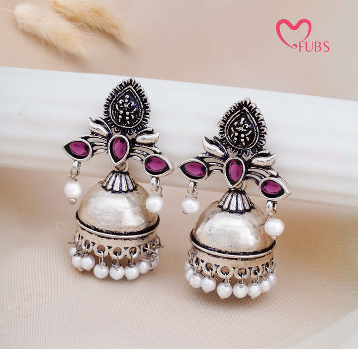 Traditional Oxidised Jhumka Earrings with Pearl Drops