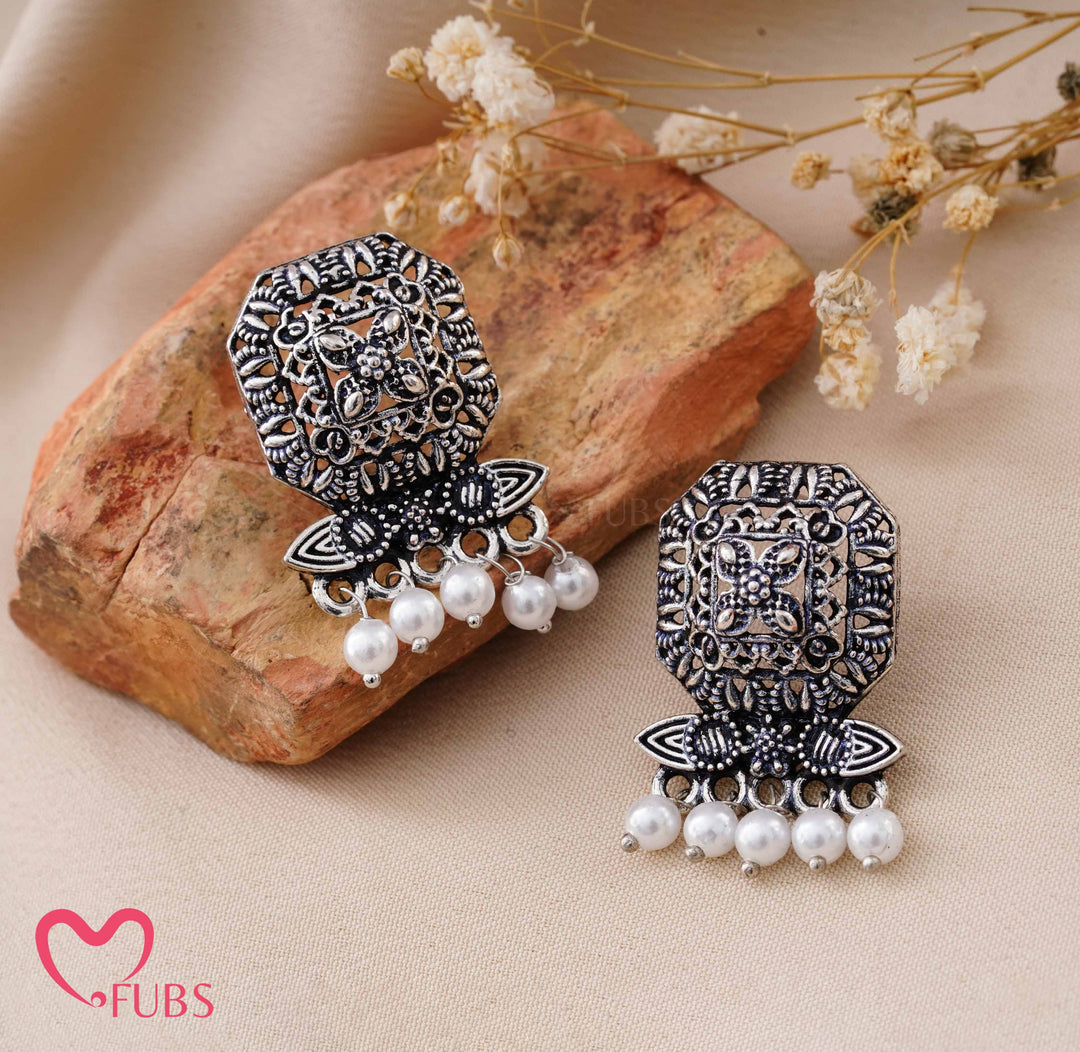 Aesthetic Oxidized Silver Stud Earrings with Pearl Drops